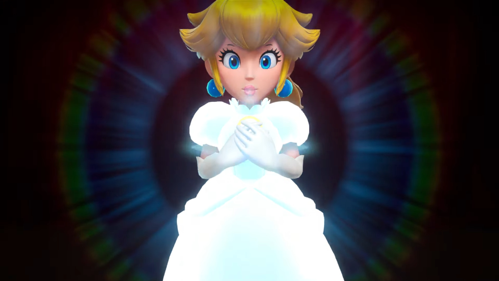 Princess Peach with her hands folded across her chest while her dress glows